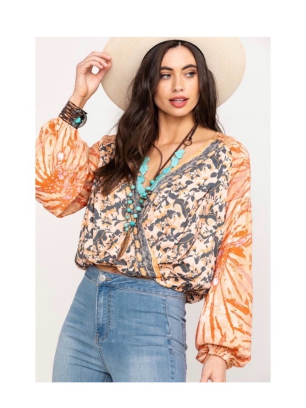 Free People Orange Multi Floral V-Neck Wrap Blouse
